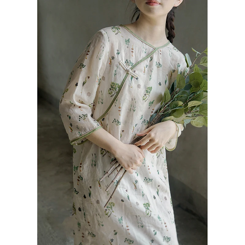 Floral Dress Women Summer Art Retro National Style Ramie Chinese Style Robe Zen Dress Literary Retro Loose Traditional Clothing