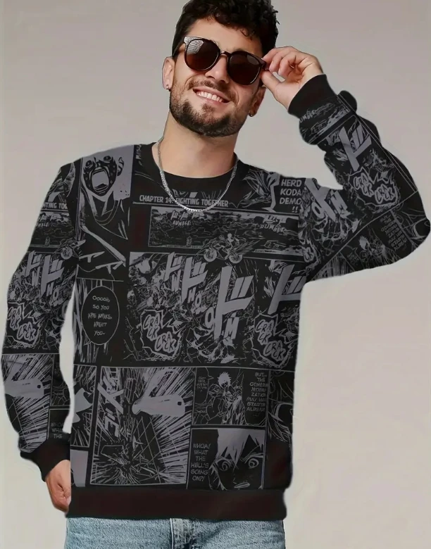 

Men'S Hip-Hop Graffiti Crew Neck Sweatshirt - "Cold Heart Dead Roses" Graphic Print, Long Sleeve Pullover with Flame。