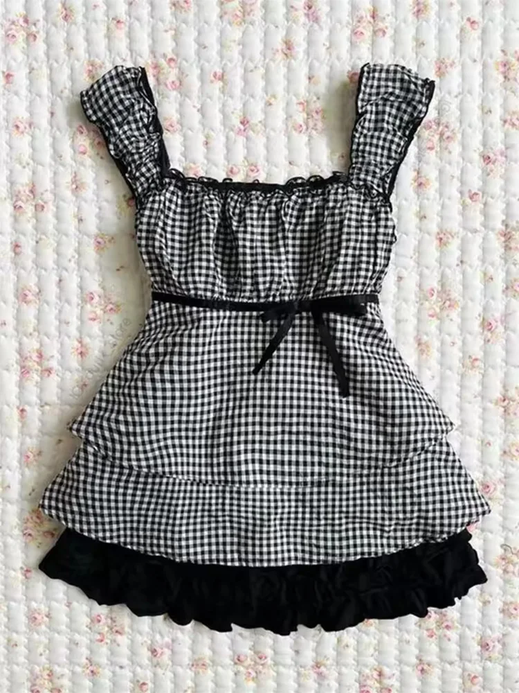 Summer Women's Sweet Gingham Ruffle Camisole Black And White Plaid Sleeveless Tank Top Y2K Aesthetic Casual Streetwear  2025 New