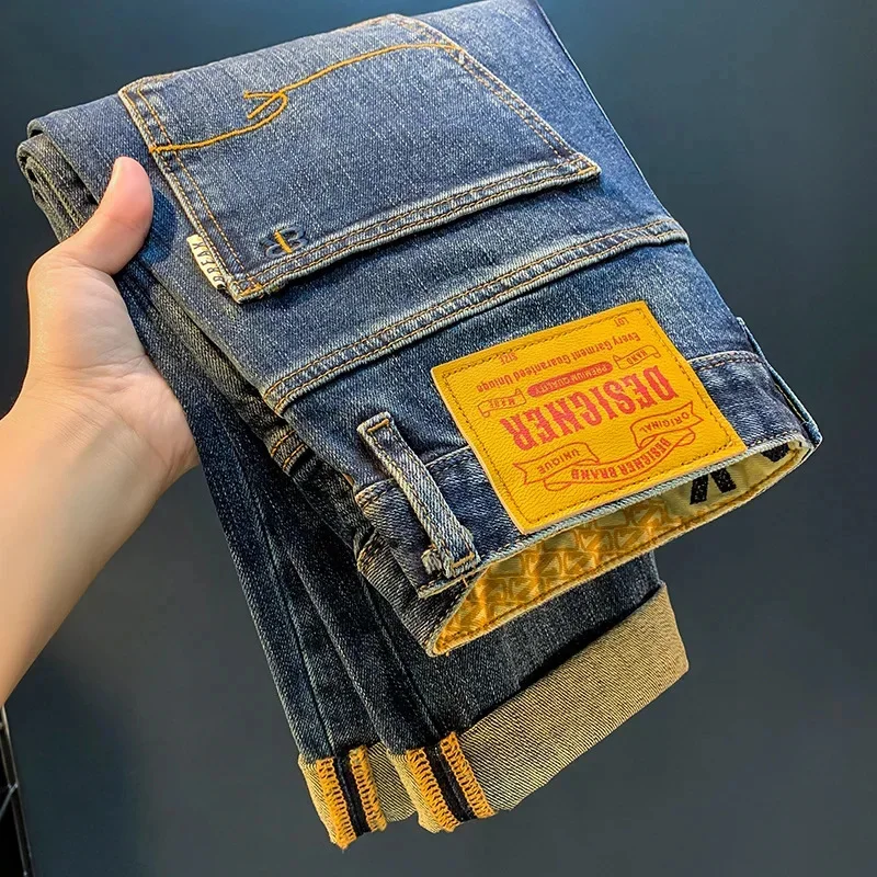 

Blue Jeans for Men 2026 Autumn High-End Washed Fashion Embroidery Slim Fit Light Straight-Leg Vintage White Casual Denim Pants