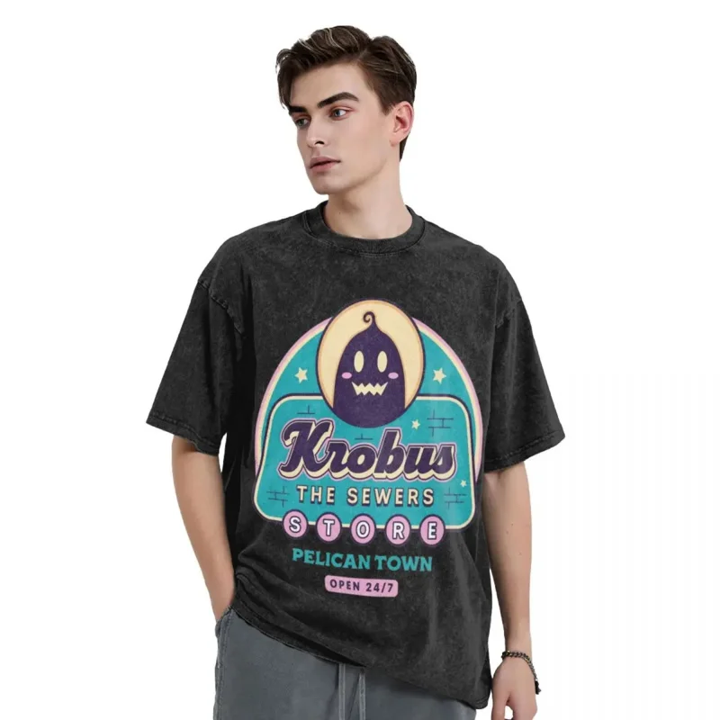 Washed T Shirt Krobus The Sewers Merchant Stardew Valley Hip Hop T-Shirts Harajuku Game Streetwear Tops Tee Shirt Men Women