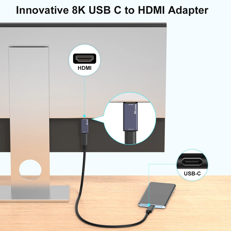 Adaptateur USB C vers HDMI 8K 60 Hz USB-C femelle vers HDMI mâle convertisseur 4K @ 120 Hz HDR, VRR, FreeSync, Type C Thunderbolt 3/4 compatible