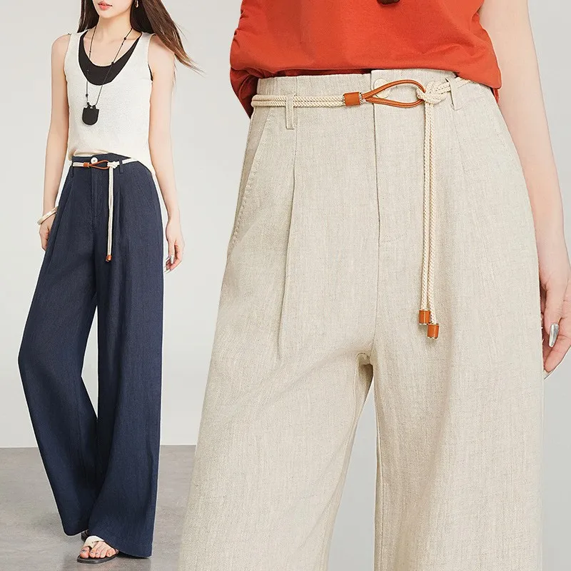 Pantalones de pierna ancha de lino puro para mujer, novedad de verano, pantalones holgados informales hasta el suelo, cómodos, de cintura alta, para ir al trabajo