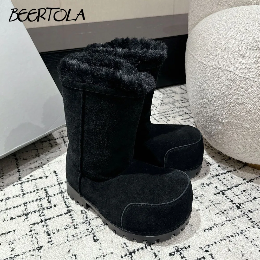 

Suede Autumn and Winter Plus Velvet Boots Big Head Casual Thick Snow Boots Mid-Tube Personality Large Size Designer Pull-On Boot