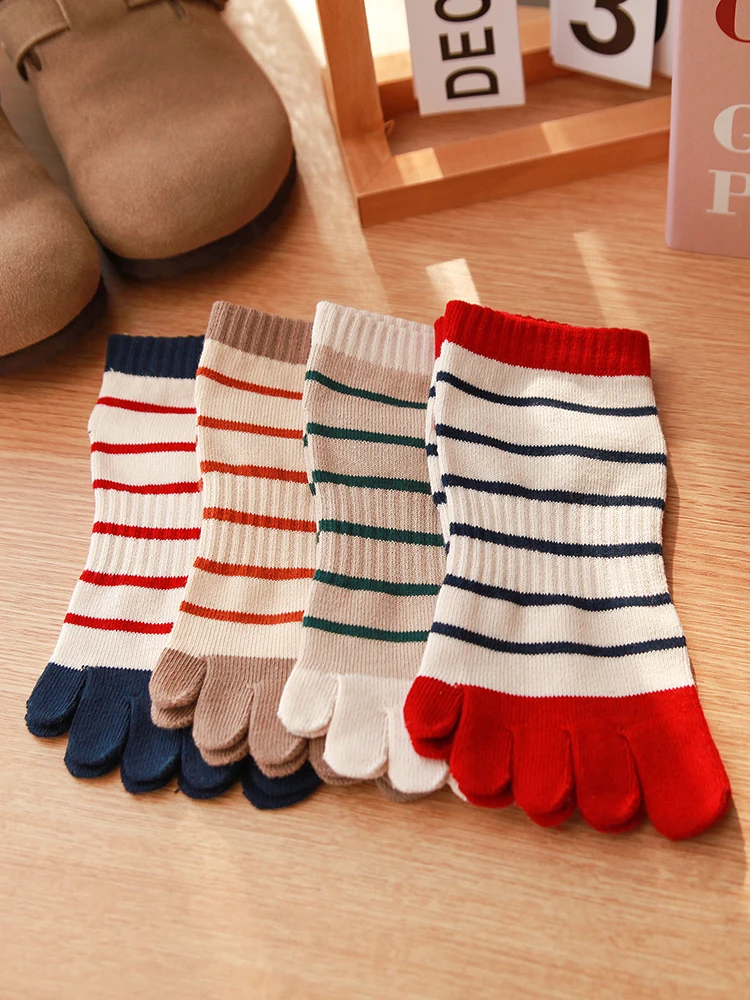 4 pares de calcetines de cinco dedos a rayas para primavera/verano, calcetines cortos de algodón con punta dulce para mujer