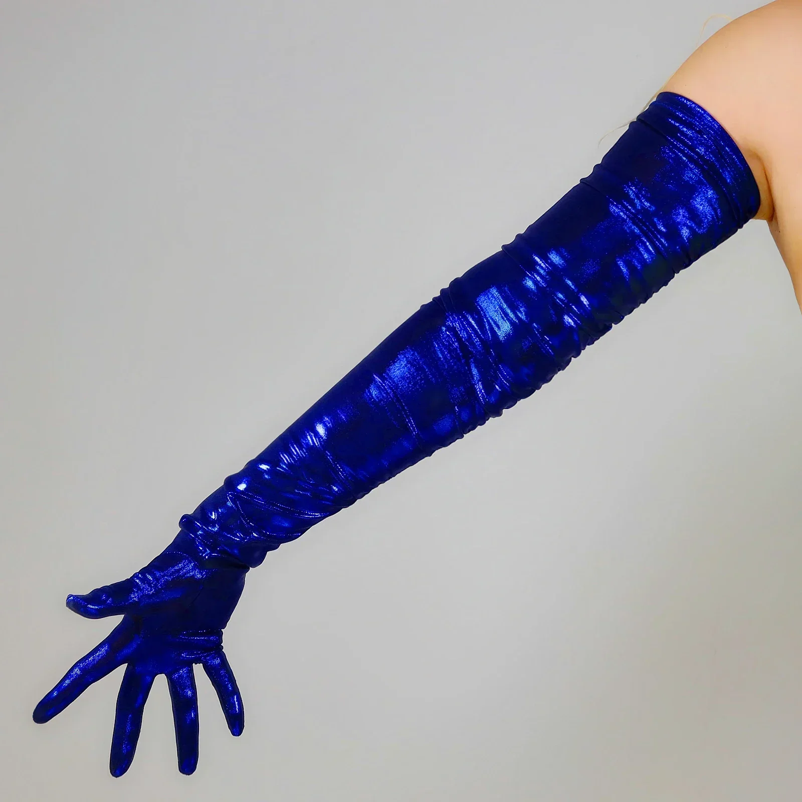 Pleated Metallic GLOVES 90cm Shoulder Long Shine Blue Deep Blue Strechy Sparkle Liquid Thin Evening Prom Party Halloween Glove
