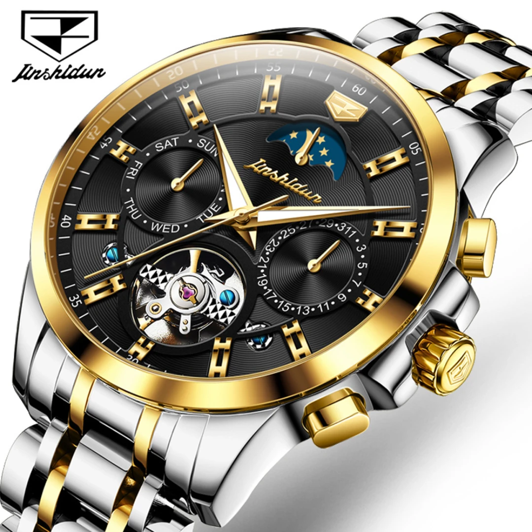 JSDUN 8945 Fashion Mechanical Watch Gift Stainless Steel Watchband Round-dial Wristwatch Moon Phase Week Display Luminous