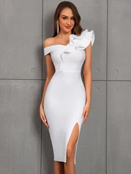 One Shoulder Ruffle Split Thigh Bodycon Midi Elegant Bandage Dress For Coaktail Party