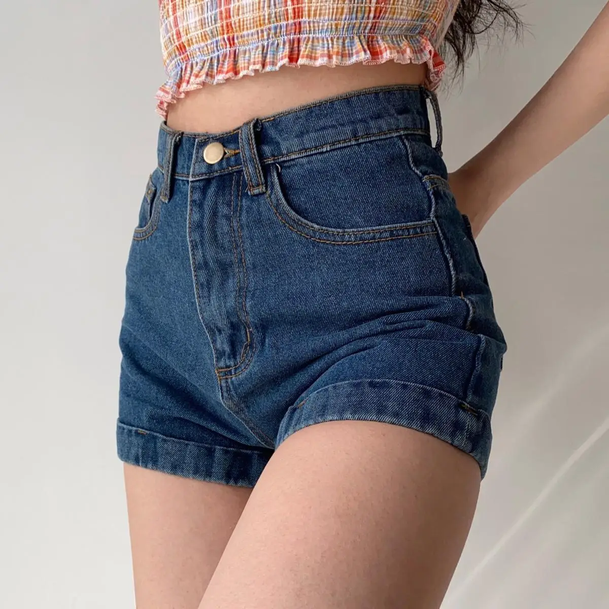 High Waist Crimping Denim Shorts for Women Summer Blue Retro Curled Wide Leg Hot Pants Casual Jeans Slim Fit Y2K Clothing