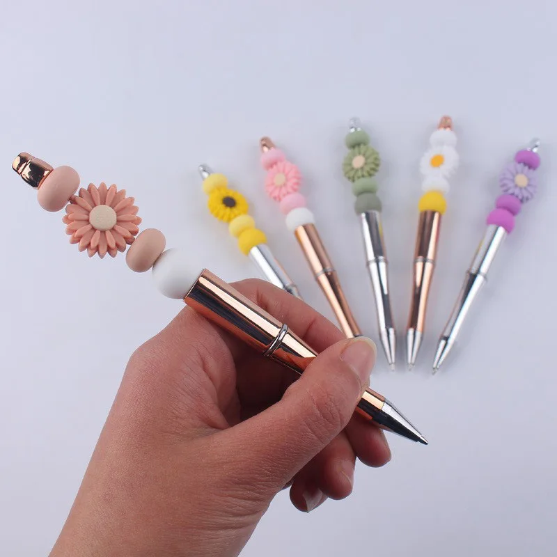 Cute Cartoon Silicone Daisy Round Beaded Ballpoint Pen Creative Colorful Plastic Ballpoint Pen DIY School Office Writing Product