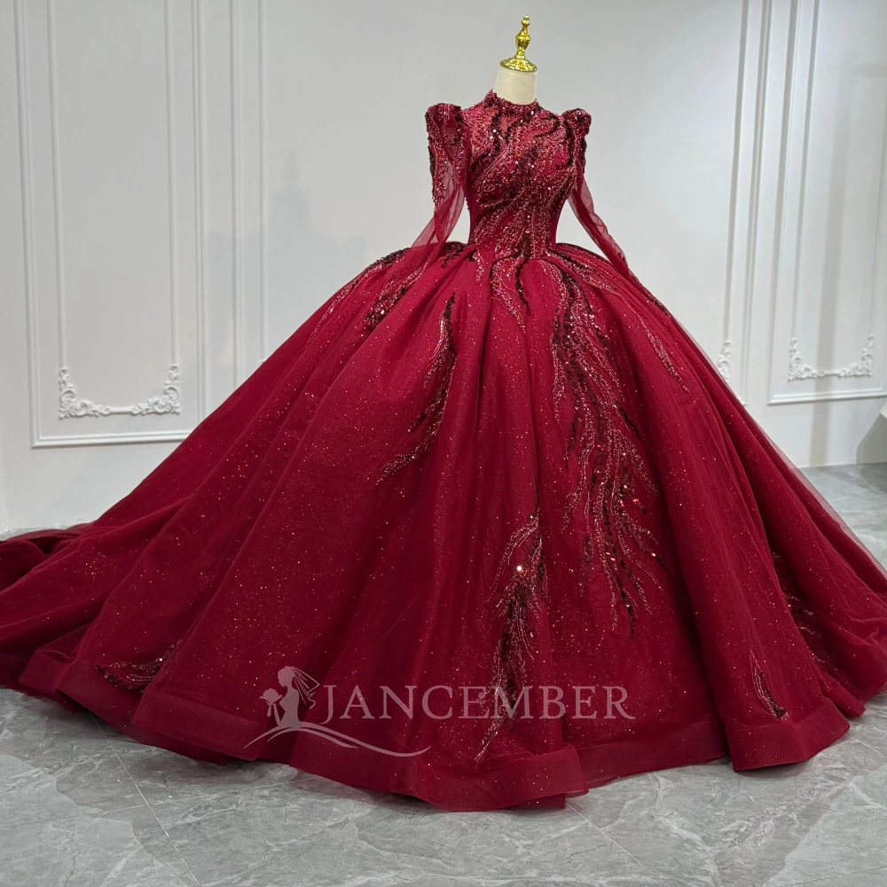 Robes de mariée de luxe à manches longues Robes à col haut robes de mariée de pays en dentelle personnalisées à lacets dos paillettes robes de novia