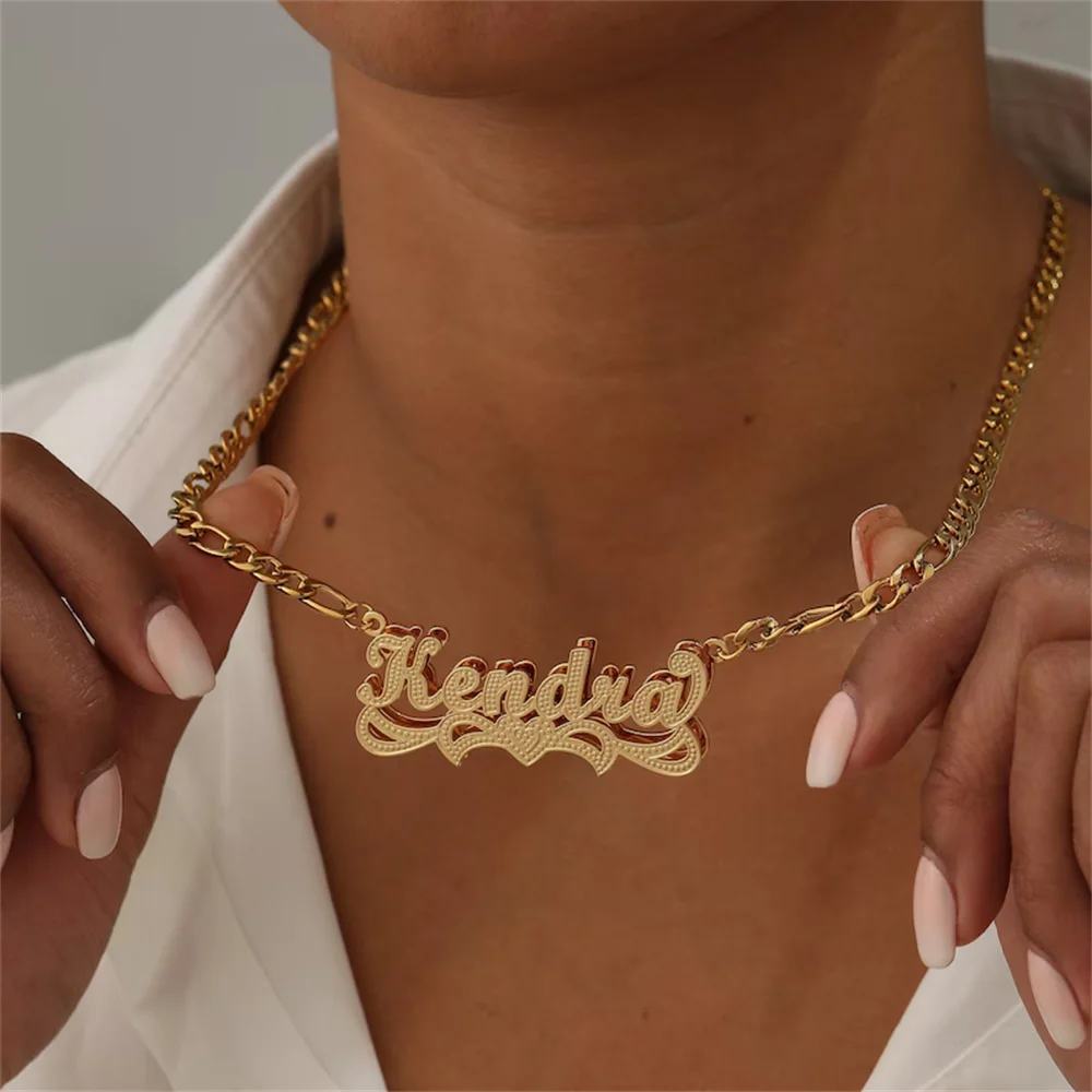 

18K Gold Plated Double Layers Necklaces Customized 3D Nameplate Pendant Personalized Figaro Chain Necklaces Hip-hop Jewelry