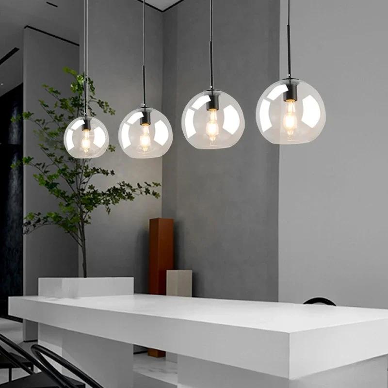 Simple Glass Ball Chandelier Modern Hanging Lights for Dining Room Bar Kitchen Smoky Gray Led Lamp