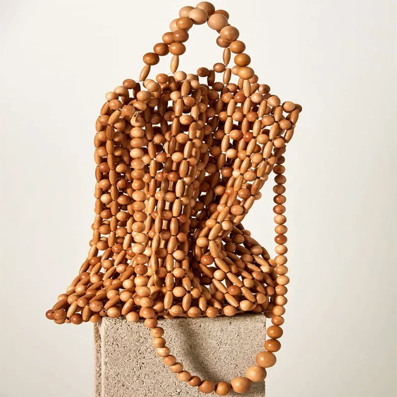 INS Hot Style Handwoven Female Bag Natural Wooden Bead Fashion Handbag Vintage Bamboo Ladies Beach Bag