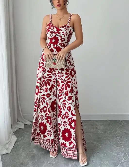 Jumpsuit Women 2026 Spring Autumn New Fashion Print Sexy Backless Lace Up V-Neck Sleeveless High Waist Slit Wide Leg Jumpsuit