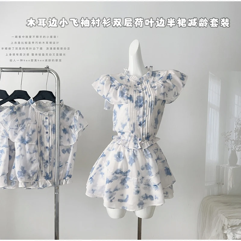 New 2024 Summer Short Sleeve Natasha Y2k Mini Dress Women Ruffled A-Line Leisure Fashion Unique And Elegant Dress Blue Print New