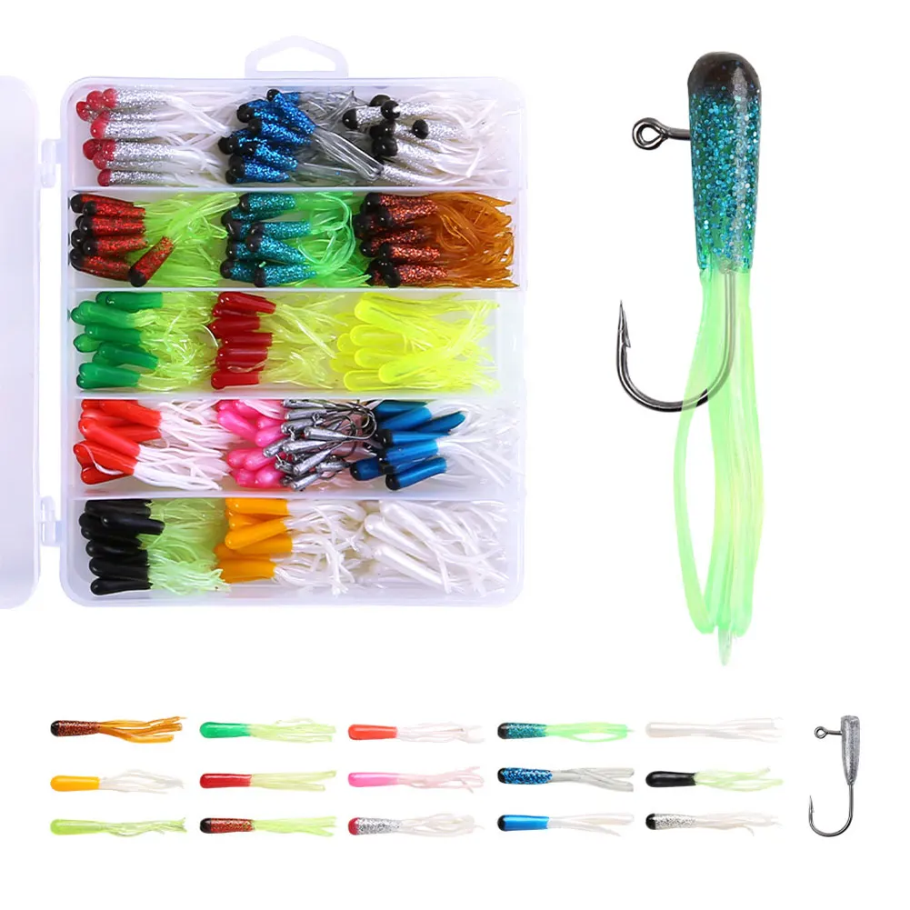 

165pcs Small Soft Tube Bass Lure Bait with Jig Hooks Artificial Bait Soft Worm Bait Silicone Swimbait for Bass Trout