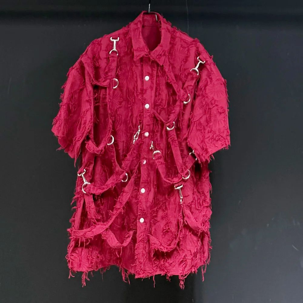 Original design Red strap tassel men's short sleeved shirt Performance Men's Clothing