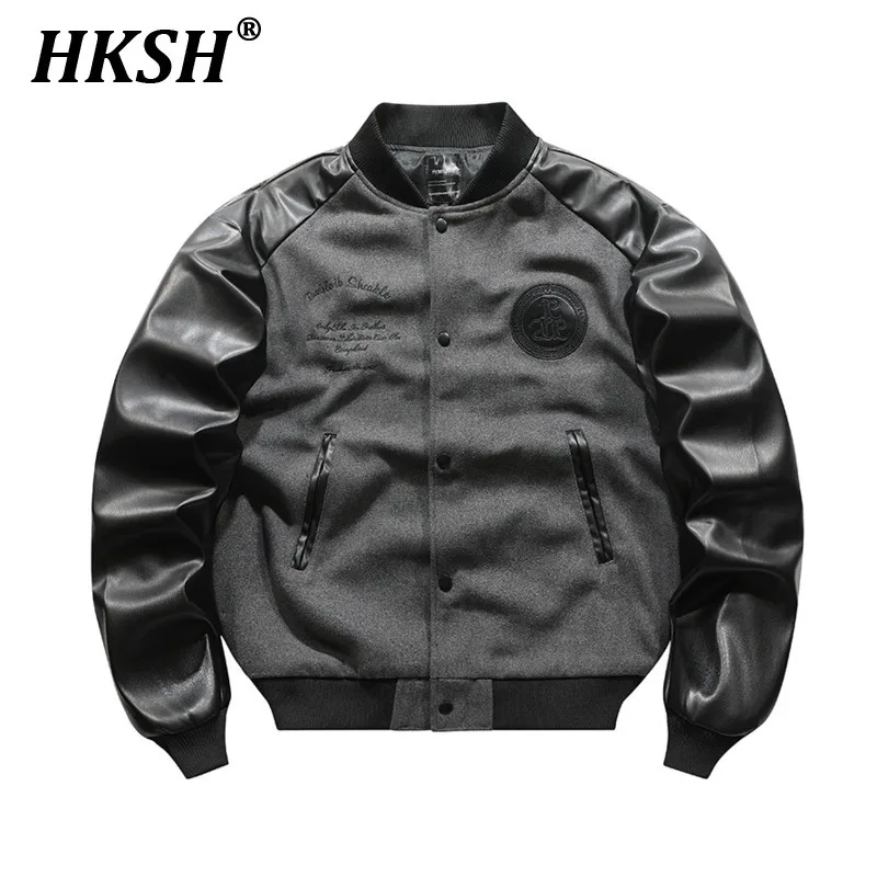 

HKSH Men's Streetwear Spring Autumn Patchwork Woolen Baseball Jacket American High Street Punk Tide Embroider Retro Coats HK1016