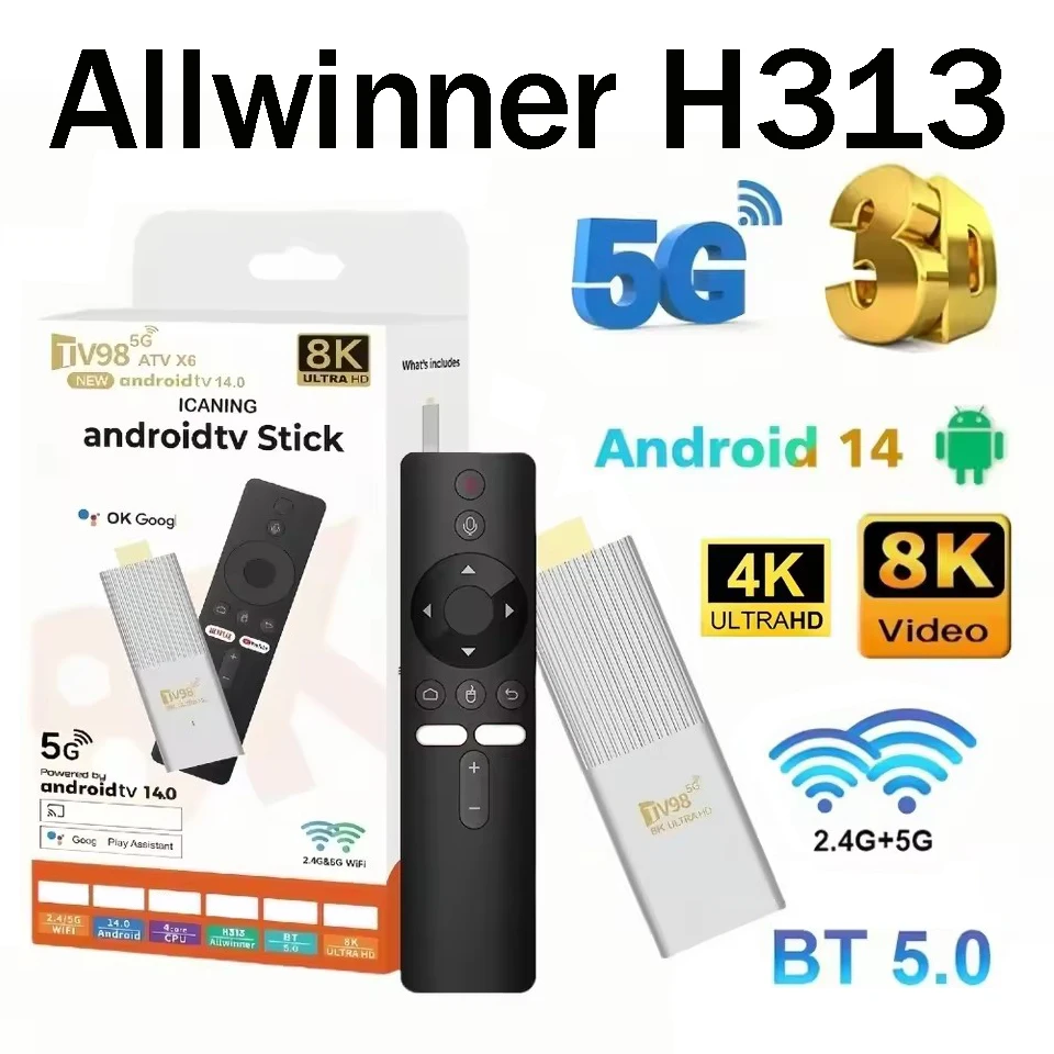 TV98 ATV X6 Android 14 TV Stick Allwinner H313 4G 5G Dual WiFi Support OTA HD 4K 8K Player BT5.0 2GB 8GB Voice remote Smart iptv