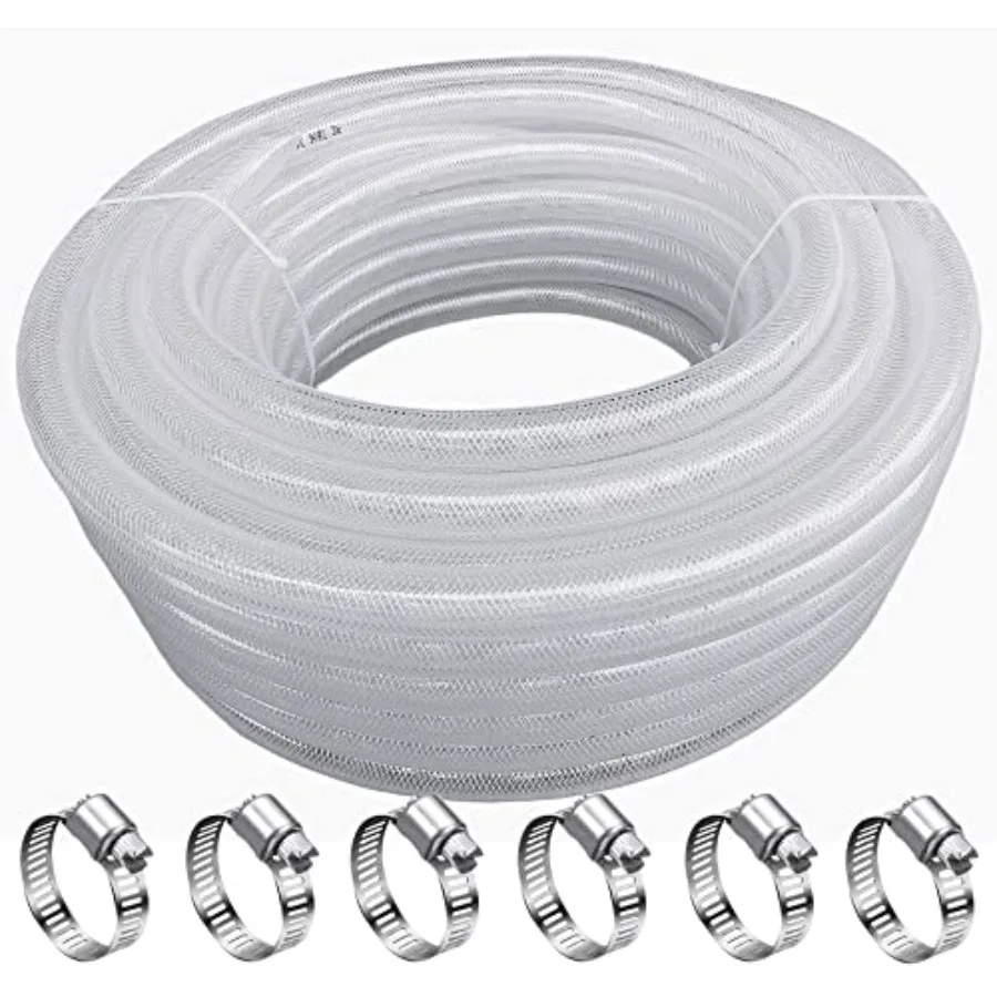 

1/2 ID x 3/4 OD - 100 Ft High Pressure Braided Clear PVC Vinyl Tubing Flexible Tube Heavy Duty Reinforced Hose Tubing for Indus