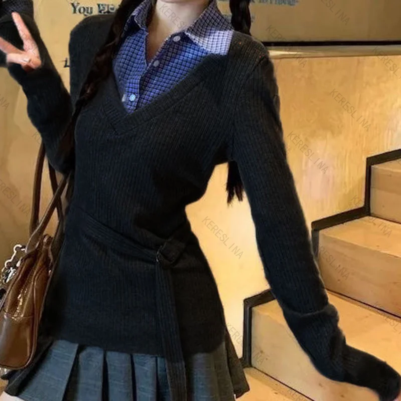 

Весенне-осенний элегантный милый искусственный двухсекционный женский свитер с длинными рукавами в стиле ретро, универсальный классический тонкий тонкий вязаный свитер