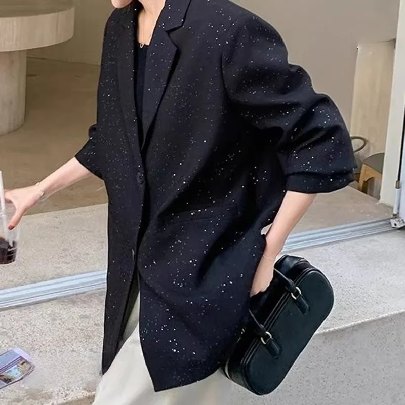 French fashion style black sequined suit jacket women's spring and autumn new plus size loose design retro temperament suit