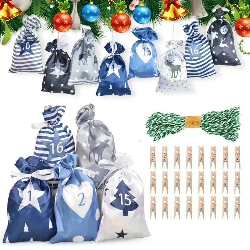 24PCS Christmas Advent Calendar Bags Countdown Calendar Empty Gift Drawstring Bag with Good Decorative Effect Christmas Pattern