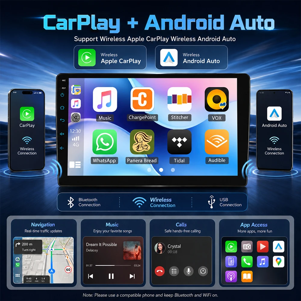 Autoradio stereo Podofo da 9 pollici per Mazda 2 2007-2014 con CarPlay wireless, Android Auto, Bluetooth, Mirrorlink, lettore multimediale video