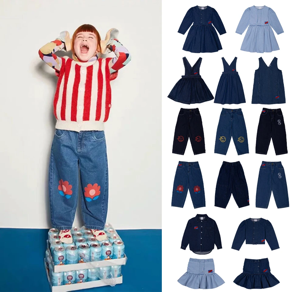 

24AW Wyn Girls Denim Dress Fashion Trend Boys Denim Soft Pants Girl Strap Skirt Short Skirt Kids Long Sleeved Dress Clothes Set