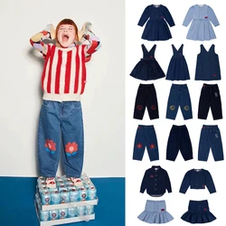 24AW Wyn Girls Denim Dress Fashion Trend Boys Denim Soft Pants Girl Strap Skirt Short Skirt Kids Long Sleeved Dress Clothes Set