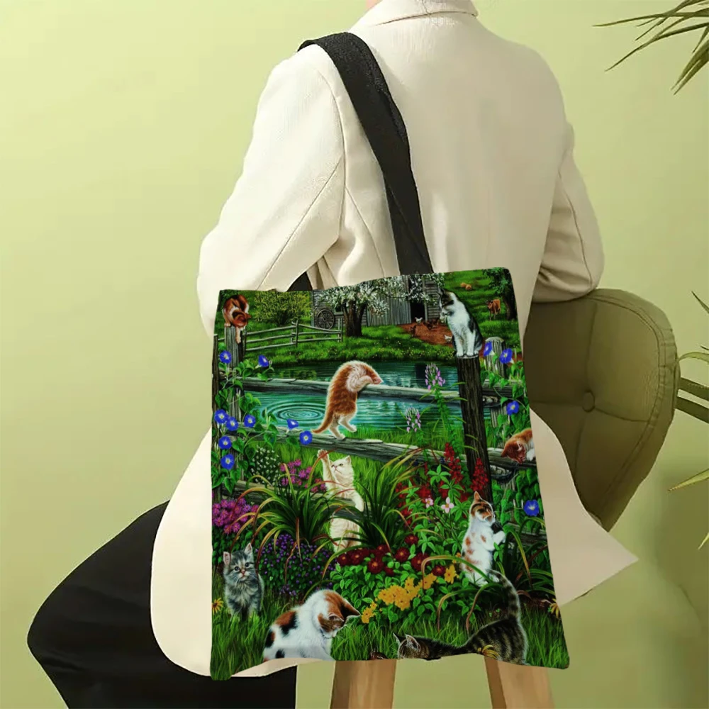 Oil Painting Cat Dog Print WomenTote Bags ReusableFor Groceries Shoulder Bags for Handbags Foldable