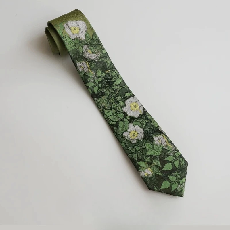 Vintage College Style Birthday Gift Fashion Necktie Original Design Van Gogh Oil Painting Green Jacquard Embroidery Necktie