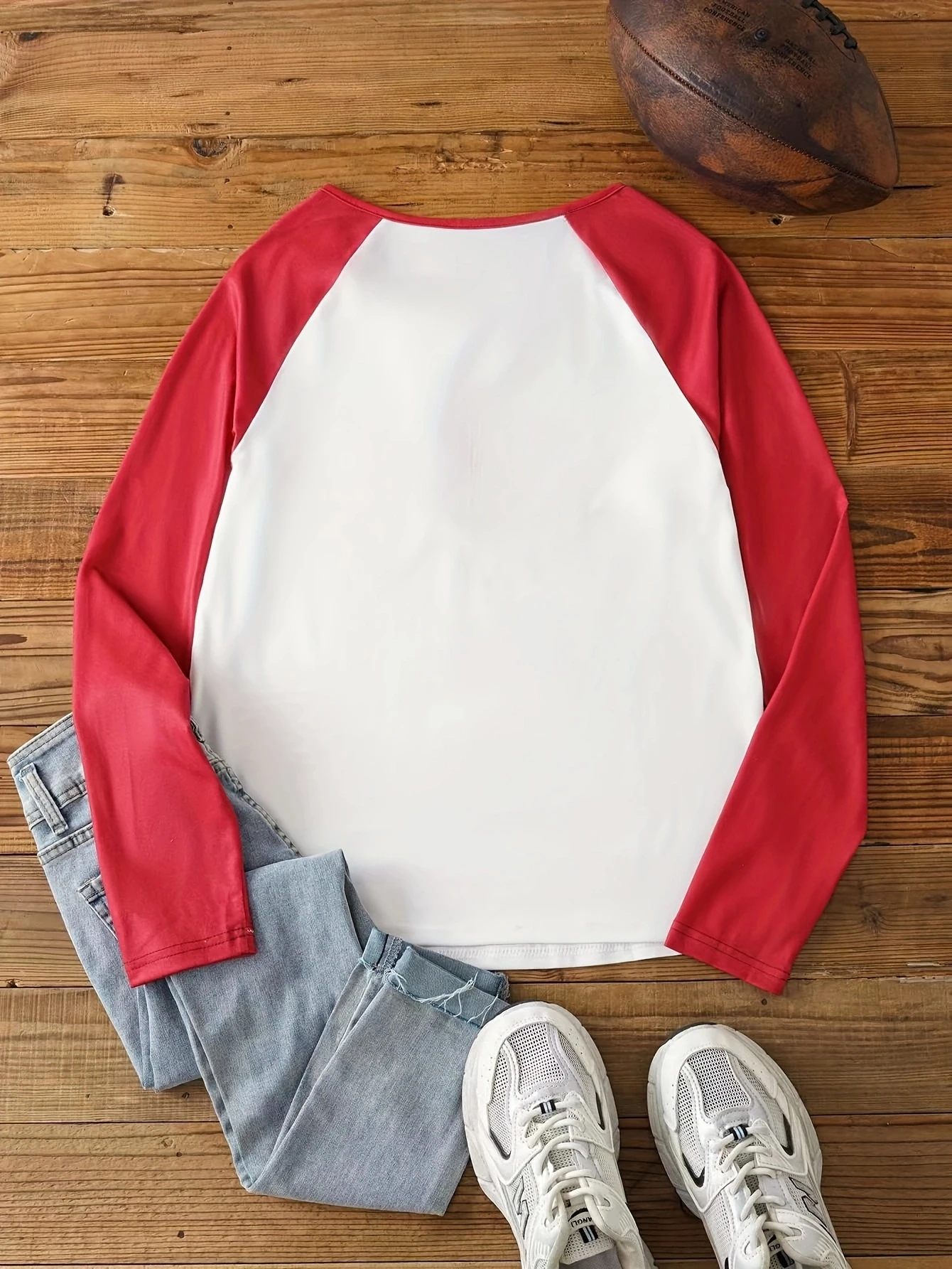 Football Fan Vintage Worn Print Long Sleeve T Shirt Red White Spliced Raglan Sleeve Henley Collar Star Accent Game Day Pullover