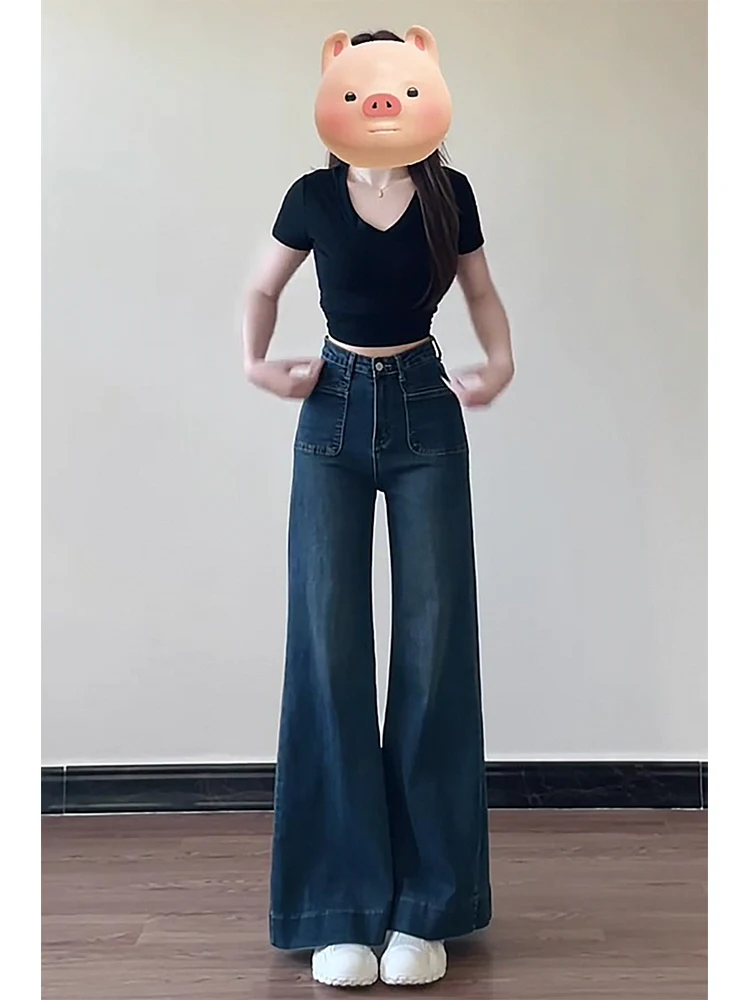 

High Waist Loose Fit Bell Bottom Jeans Deep Blue Women's Spring Autumn New Style Slimming Wide Leg Straight Long Trousers