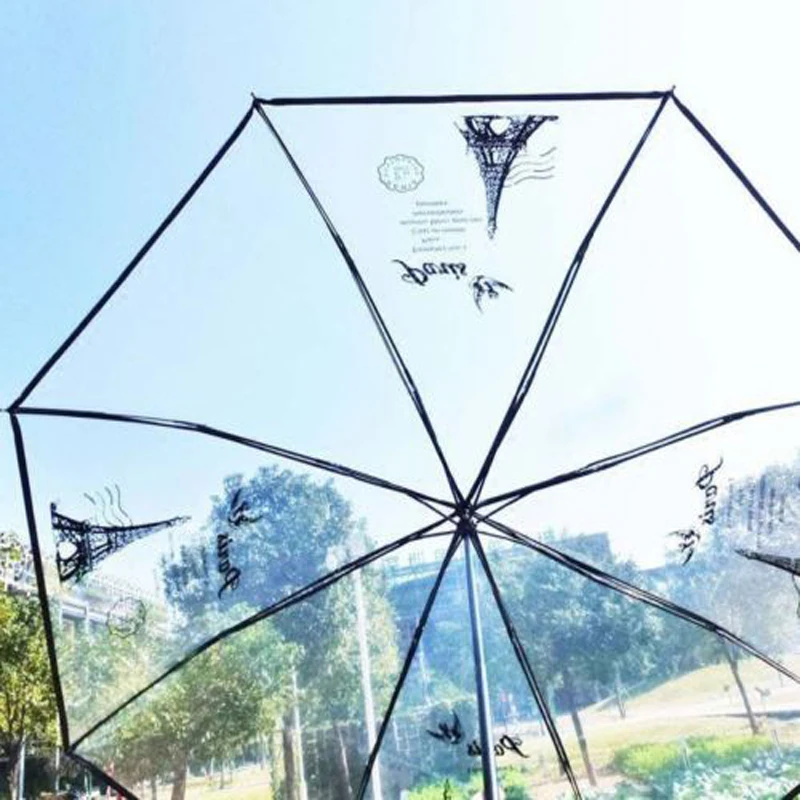 EVA transparent print umbrella paris tower 8K perspective three folding umbrella non-automatic girl rain tools White Blac