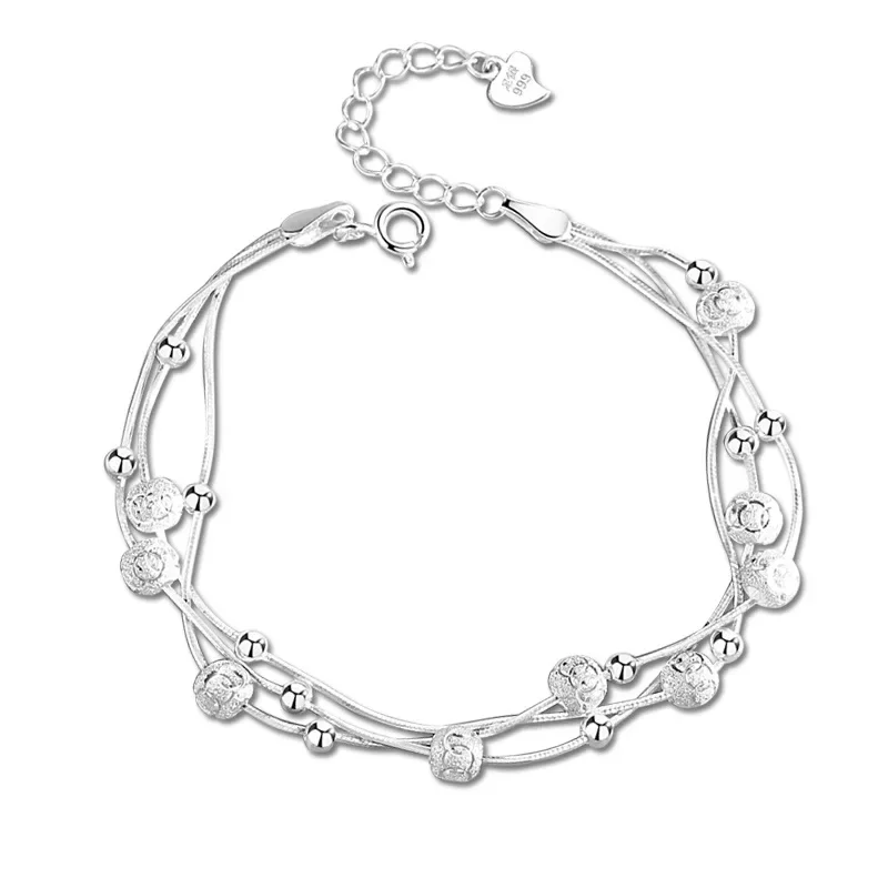 Pulsera fina de Plata de Ley 925 para mujer, cadena de bolas de la suerte, joyería ostentosa para fiesta, boda, regalo para amantes