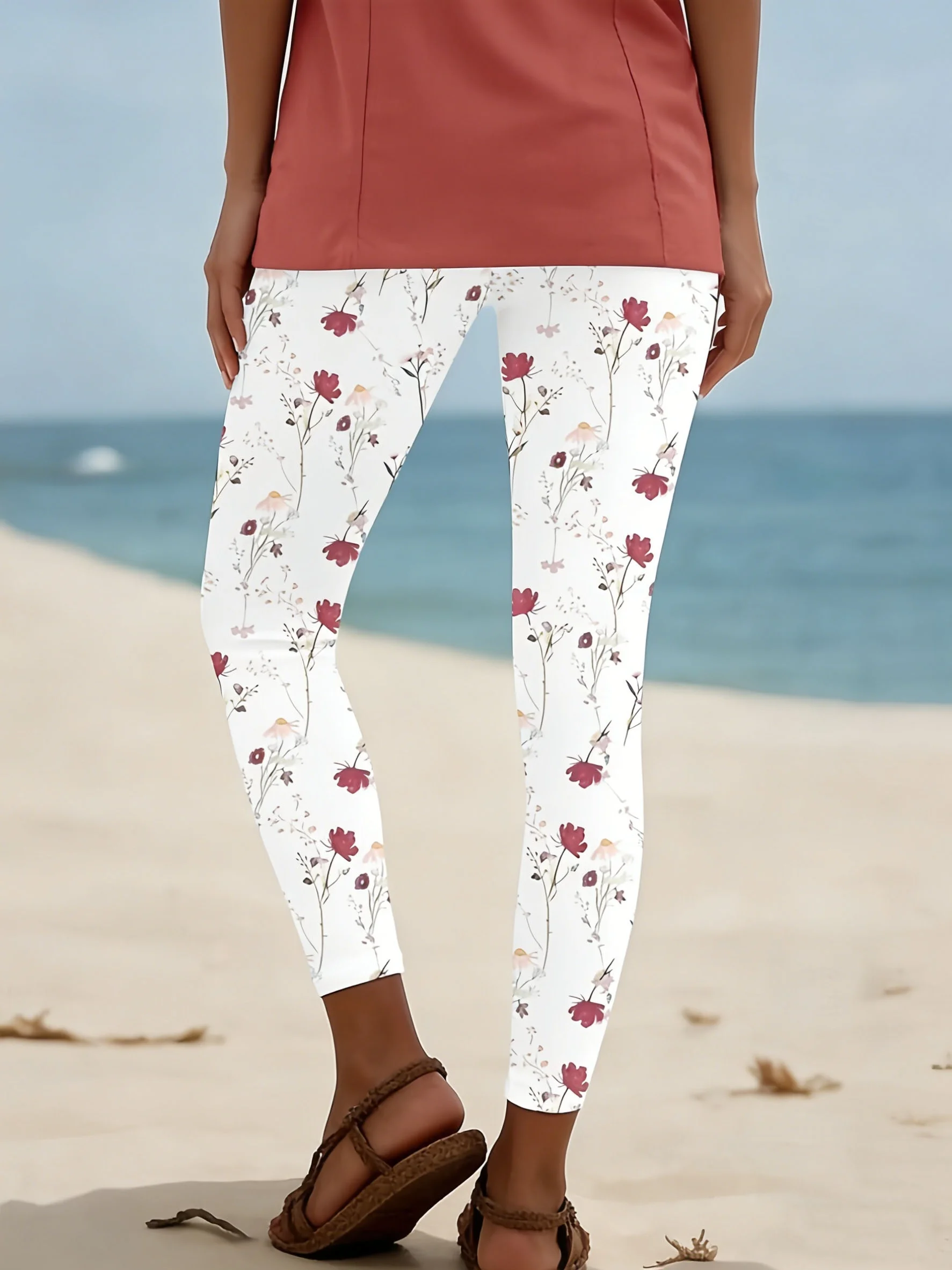 Women Mid‑Waist Fleece Lined Leggings, White Vintage Red Floral Print, Slim Warm Casual Beach Daily Pants