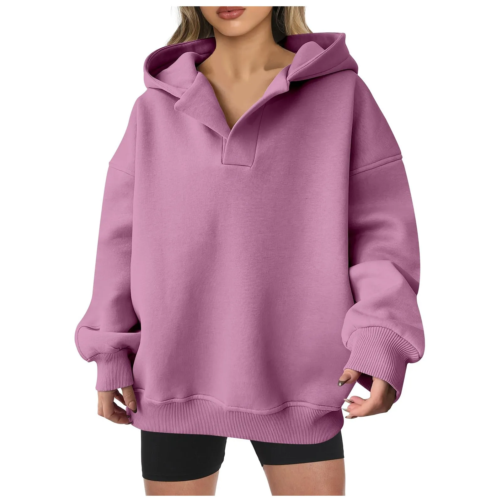 Spring Women Hoodie Grey Hooded Long Sleeve V-Neck Velvet Warm Sweatshirt Female Summer New Trendy Korean 2024 Ladies Clothes