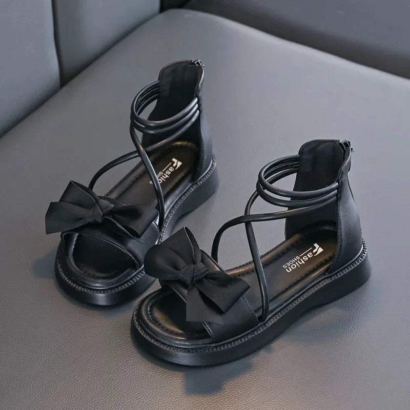 

2026 Children's Sandals for Girls Shoes for Kids Gladiator Summer Soft Flat Heels Beach Princess Fashion Bow Tie Shoe Size 26-37