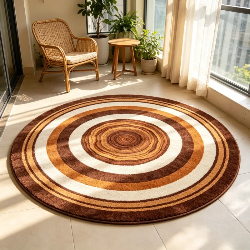 Contemporary Neutral Tone Circle Round Rug,Elegant Layered Grey Beige Ring Pattern Printed Circular Floor Mat,Living Room