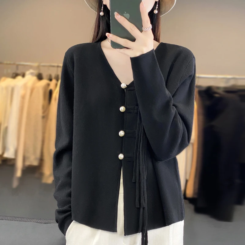 Spring/Autumn New Women's Cardigan Casual Knitted 100% Wool Sweater Round Neck Blouse Ladies Tops Chinese Style Loose Jacket