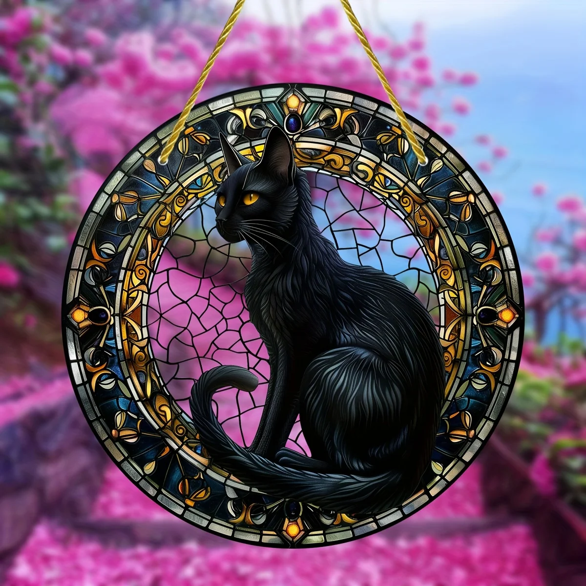 Charming Black Cat Stained Glass-Style Window Hanging-Round Acrylic Sun Catcher For Home&Garden Decor,Porch,Wreaths,Living Room