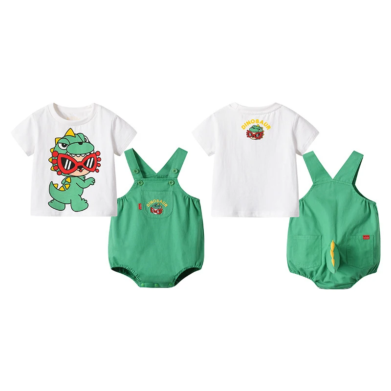 Summer New 0-3 Year Baby Clothes Infant Toddler Baby Overall Pants T-shirt Cartoon Dinosaur Korean Short Fashion Set Stereotail