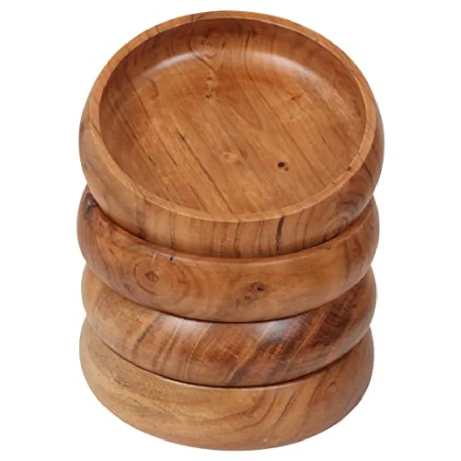 Set of 4 acacia wood bowls 8 x 2 inches 25 oz with Food safe wood coating Jointless plates type wood bowl for food Wooden salad