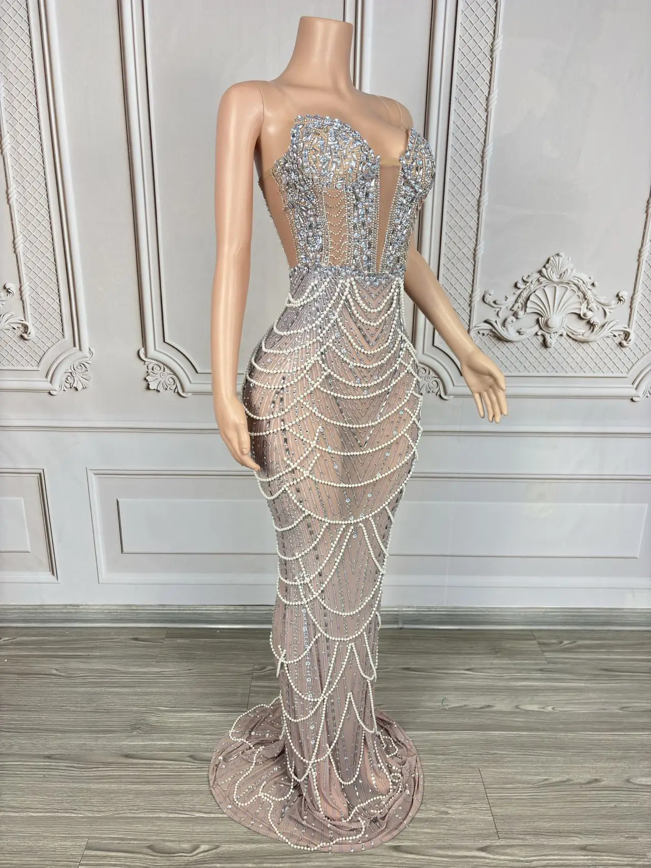

Sparkly Rhinestone Pearls Formal Floor-length Dress High-end See Through Mesh Couture Sexy Party Prom Evening Gown Zhenzhulian