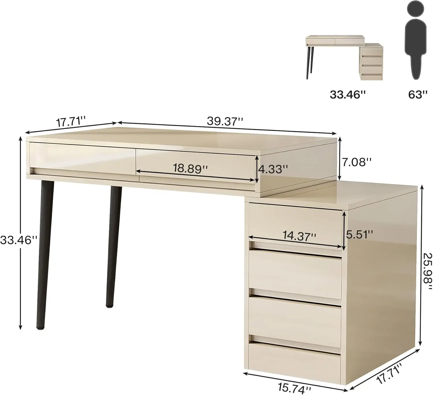 Gloss Desk with 5 Drawers, Modern Home Office Desk with Storage Drawers and Printer Stand, Reversible Computer Desk Vanity Desk