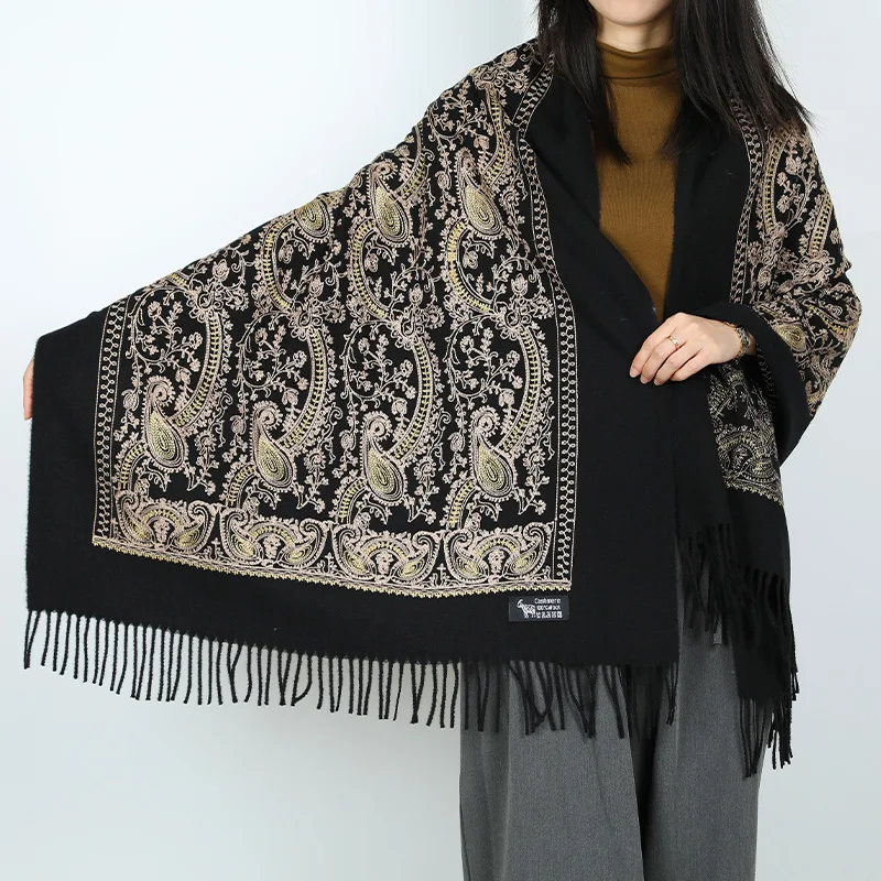 Pashmina Hijab Kaschmir Schal Damen Mode Licht Luxus Reise Stil Herbst und Winter Stickerei Schal Großer Schal Turban – Detail 1