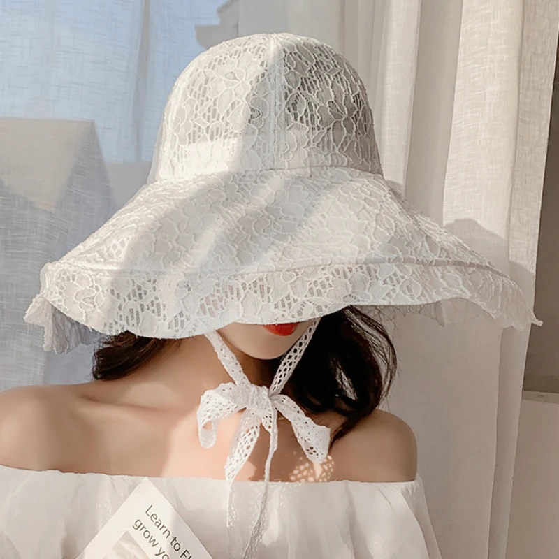 2023 New Fashion Women Summer Hat Ladies Solid Lace Wide Brim Sun Hat Bucket Cap Female Elegant Packable Panama Beach Hat