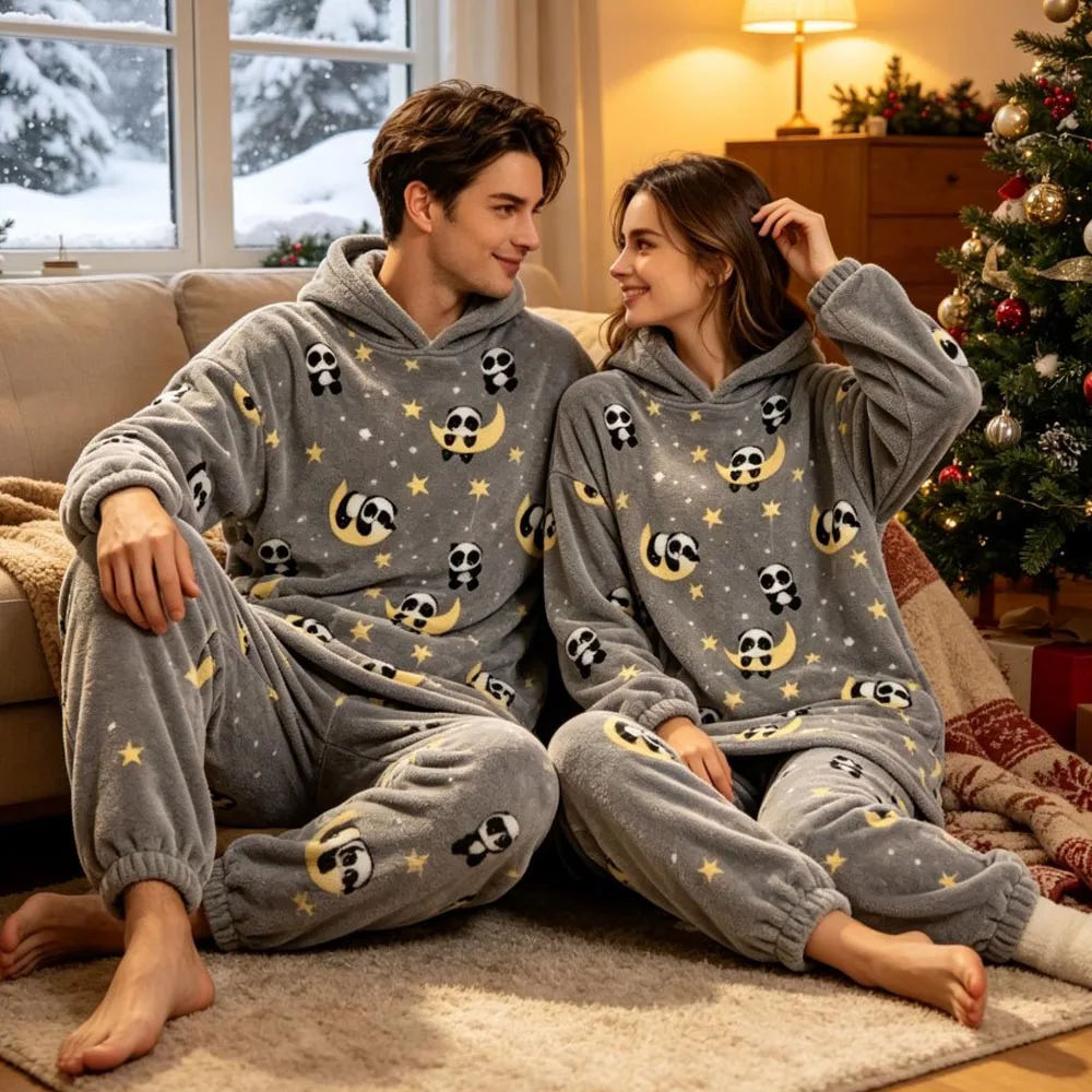 Couples Pajamas Matching Set Panda Cartoon Winter Pyjama Cute Long Sleeve Warm Thick Pijamas Man And Woman Grey Yellow Nightwear